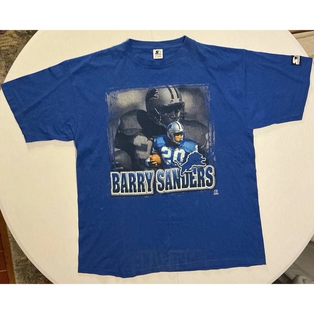 VTG USA Made Starter Barry Sanders Detroit Lions T Shirt Royal‎ Blue X Large 90s